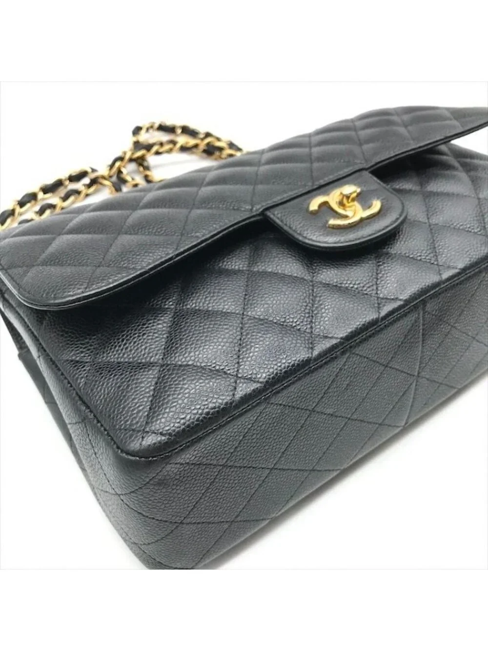 Chanel CC Logo Maxi Quilted Caviar Leather Chain Shoulder Bag Black